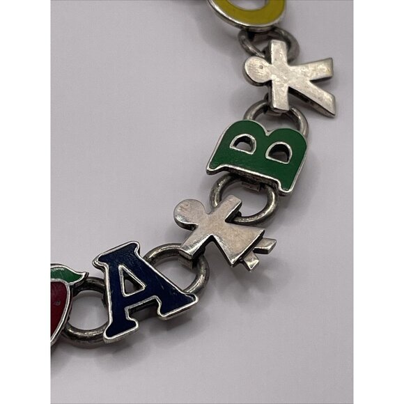 Mexico 925 Silver Enamel ABC Teacher Children Kids Chain Bracelet Vintage A277 - Picture 13 of 16